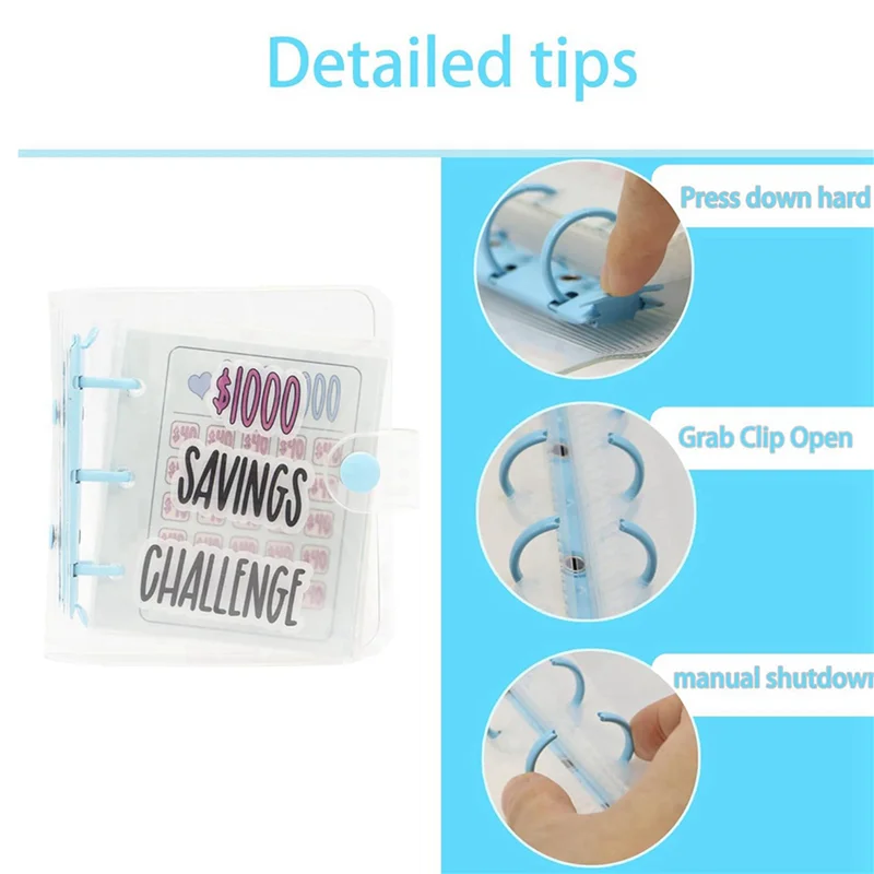 Segregator do wyzwania oszczędzania 2X 1000, miesięczny książka do wyzwań oszczędzania pieniędzy z kopertami, mini segregator budżetowy (niebieski)