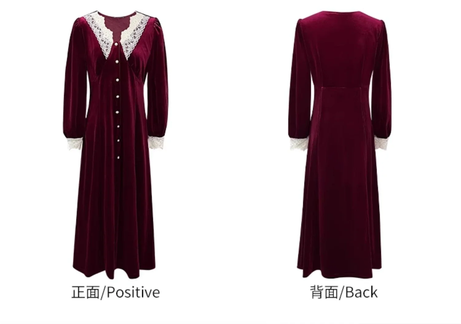 Spring Fall Women V Neck Lace Patchwork High Waited Full Sleeve Wine Red Velvet Dress , Woman Clothing Vintage Dresses