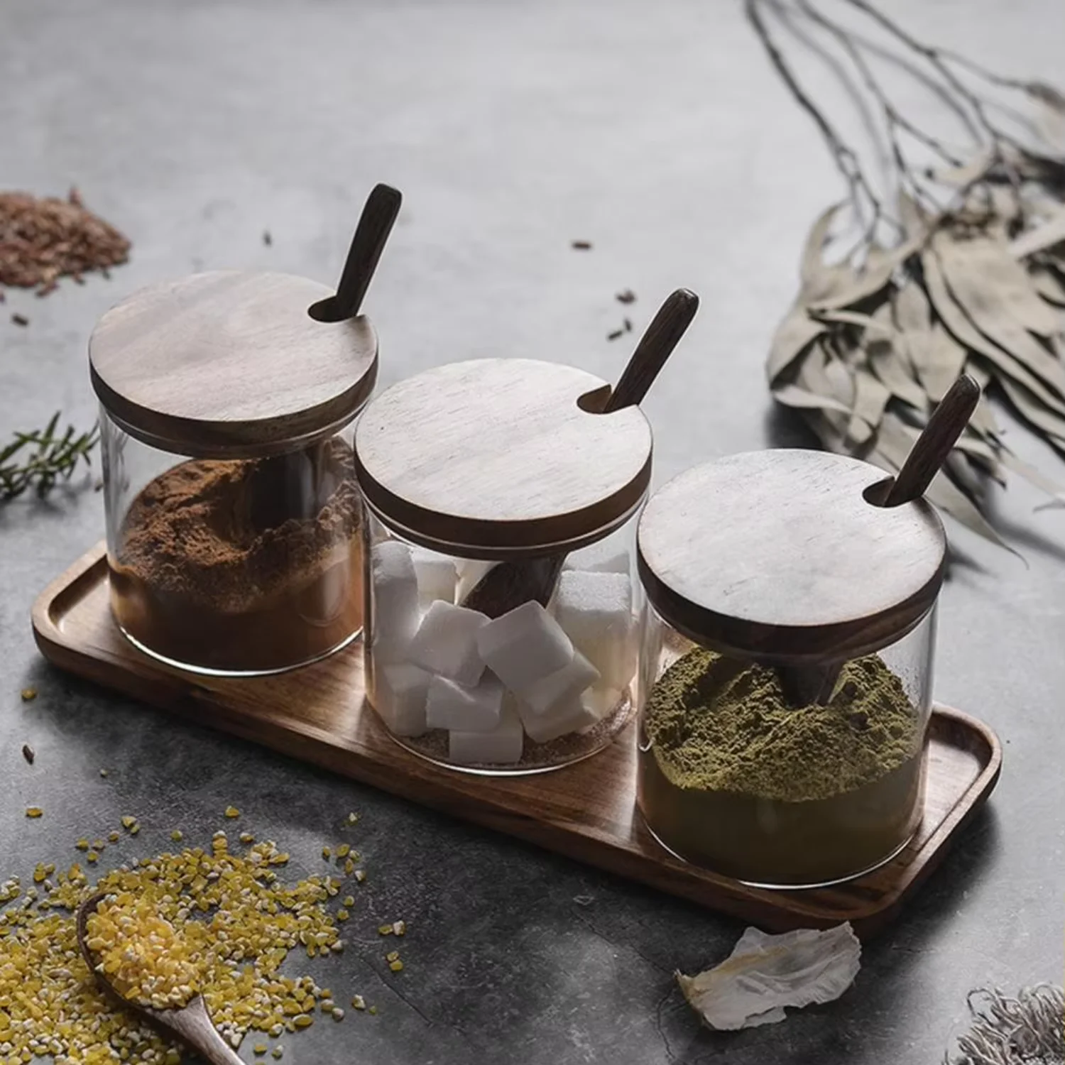 Spoon seasoning box and salt jar wood lid cooking tool glass sugar milk powder spice storage case