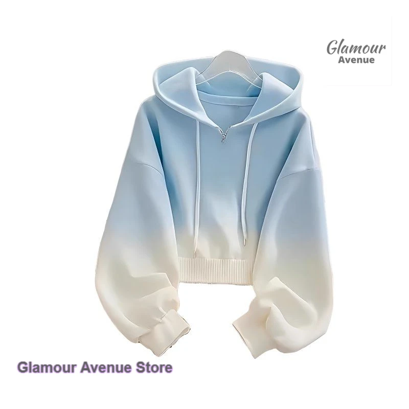 French style dopamine blue gradient high sense hooded sweater coat women's spring and autumn new unique super nice blouse.