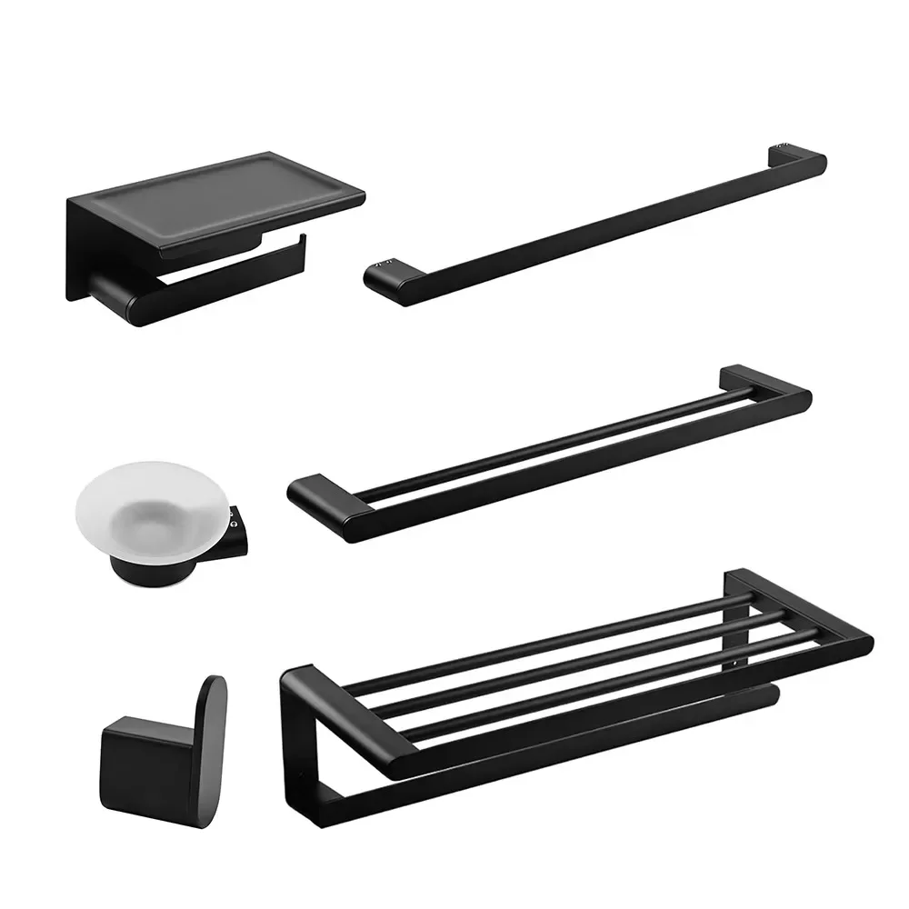 High Quality 6 Piece Matte Black PVD Bathroom Hardware Set 304 Rustproof SS Towel Bar Hook Paper Shelf Modern for Apartment