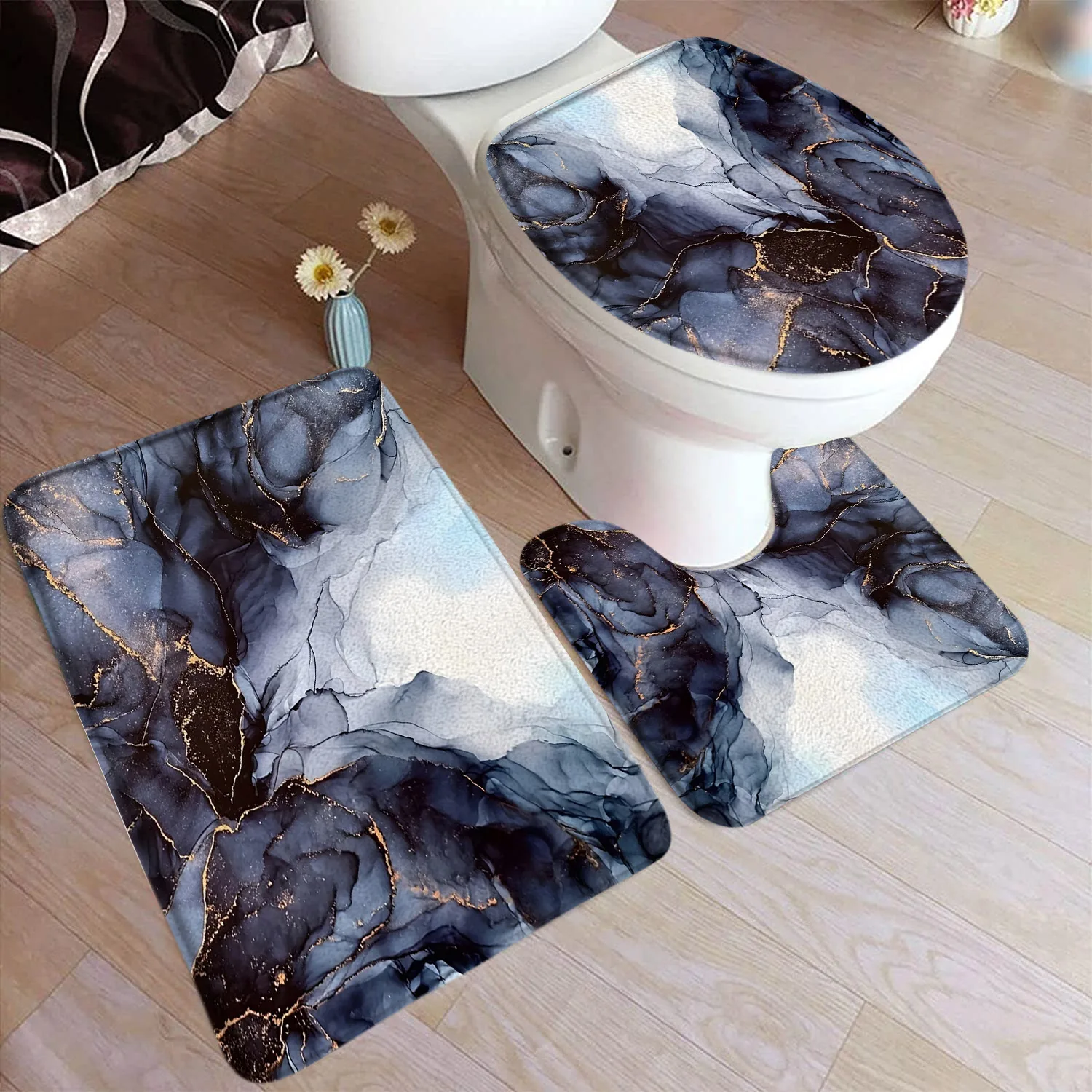 Abstract Blue Marble Bath Mat Set Grey Blue Ink Art Texture Modern Home Carpet Bathroom Decorative Floor Rugs Toilet Lid Cover