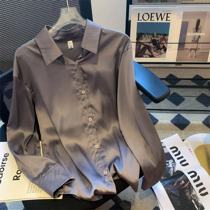 2024 New Summer Simplicity Elegant Fashion High Waist Women's Shirt Solid Color Loose Folds Button Lapels Long Sleeve Y2K Tops