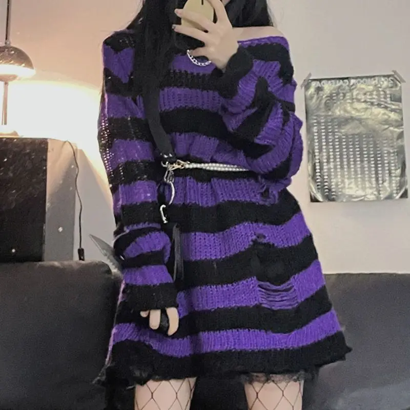 Vintage Y2K Streetwear Contrast Color Personality Hole Hollow Out Top Spring Autumn Long Sleeve Loose Striped Women's Sweater