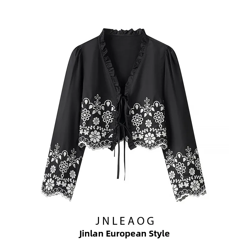 Csa de Aodão Bordada com Decote em V e Manga Longa para Mulheres, Estilo Solto, Nova Coleção Primavera JNLEAOG