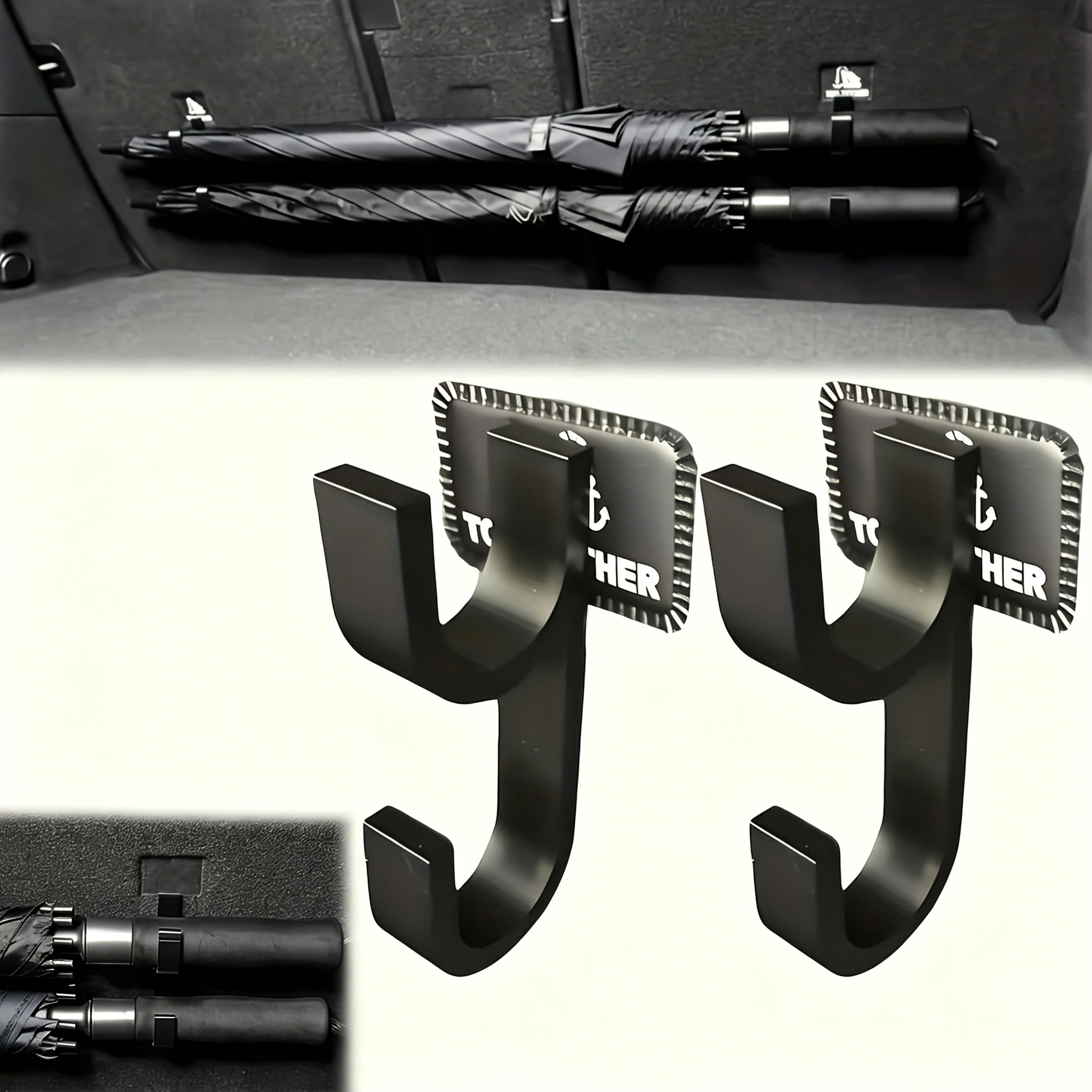 2Pc Car Umbrella Storage, Universal Trunk Hook, Suitable for Storing Umbrellas, Towels, Fishing Rods, and Camping Gear, No Drilling Required, Stable Installation, Suitable for Most Car Models