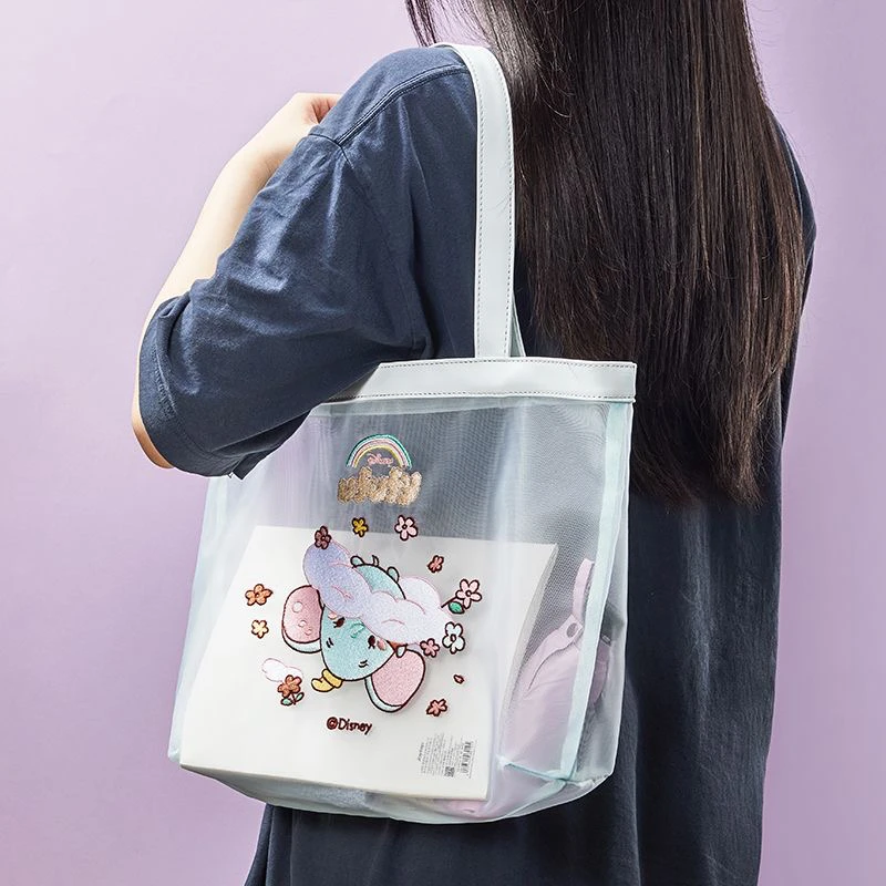 MINISO Disney Transparent Handbag Ufufy Flower Print Mesh Tote Bag Cartoon Large Capacity Shopping Organiser Bag Anime Gifts