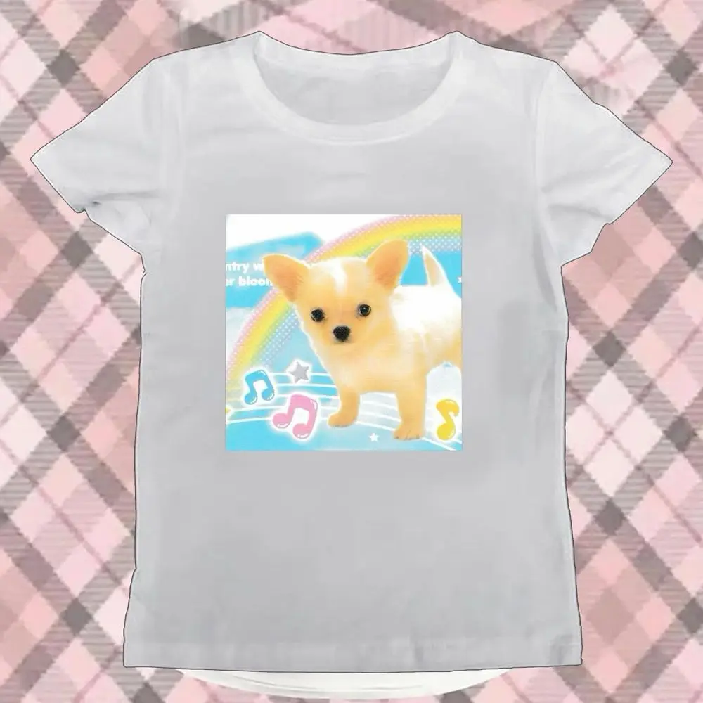 Y2k Puppy Chihuahua Graphic Dopamine Bright Color T-shirts Women Summer Short Sleeve 2000s Rainbow Music Note Print Vintage Tops