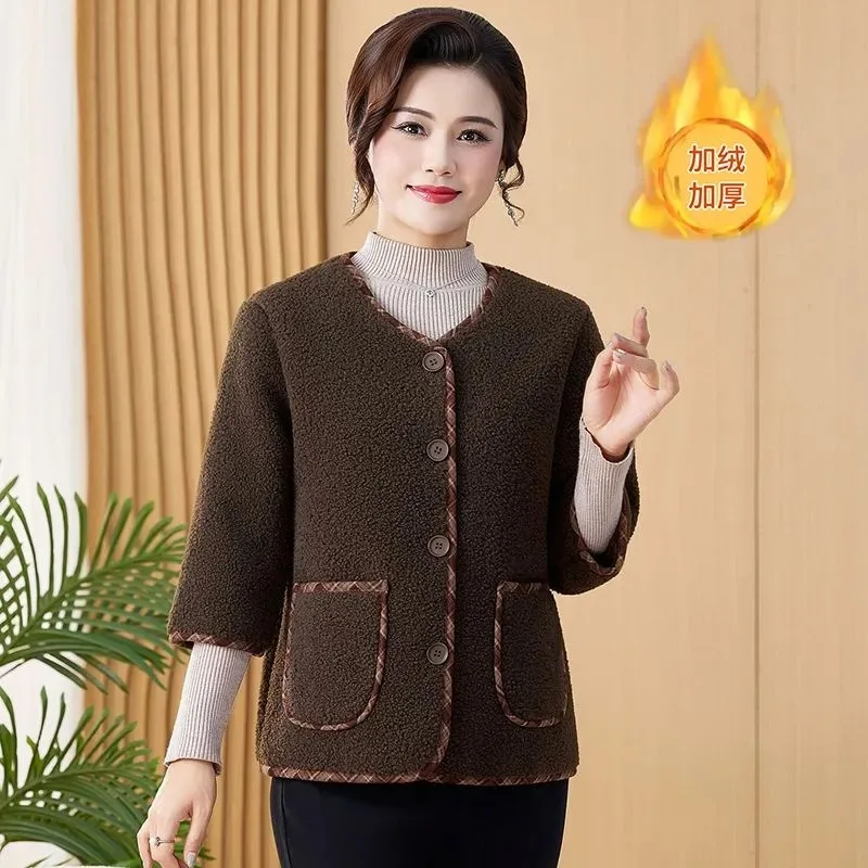 Womens Mom Style Winter Fleece Teddy Coat Plaid Trim 3/4 Sleeve Warm Thick Casual Outwear
