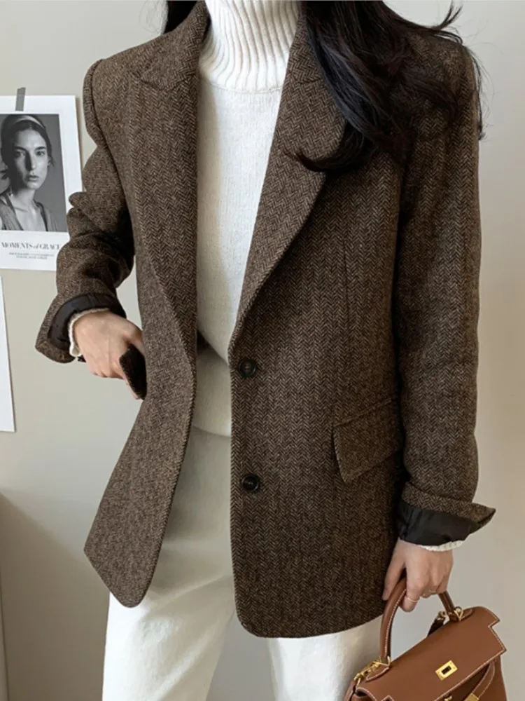 Women Elegant Autumn Blazer Jackets Turn Down Collar Buttoned Style Chic Business Workwear Loose Suit Coat New Arrival