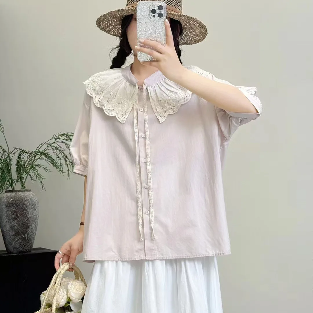 

Japanese Sweet Mori Girl Solid Color Lace Up Cotton Shirts Women Summer Cute Ruffled Collar Short Sleeve Casual Loose Blouse Top