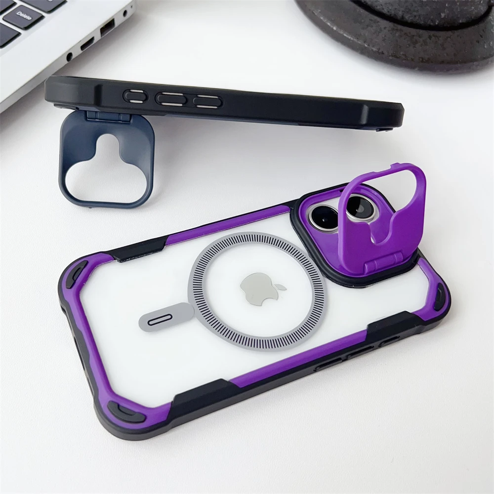 Clash For Magsafe Fold Camera Bracket Clear Case for iPhone 15 13 16 11 12 14 Pro Max Plus Magnetic Lens Stand Shockproof Cover