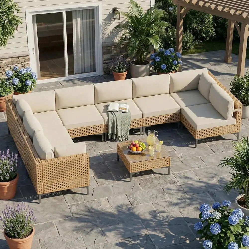 

9-Piece Large Outdoor Sectional Furniture Set with Cushions, Weather-Resistant Wicker, Ideal for Patio, Deck, or Porch