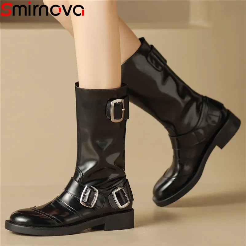 

Smirnova 2023 New Genuine Leather Buckle Platform Boots Concise Slip On Mid Calf Boots Square Med Heels Winter Boots