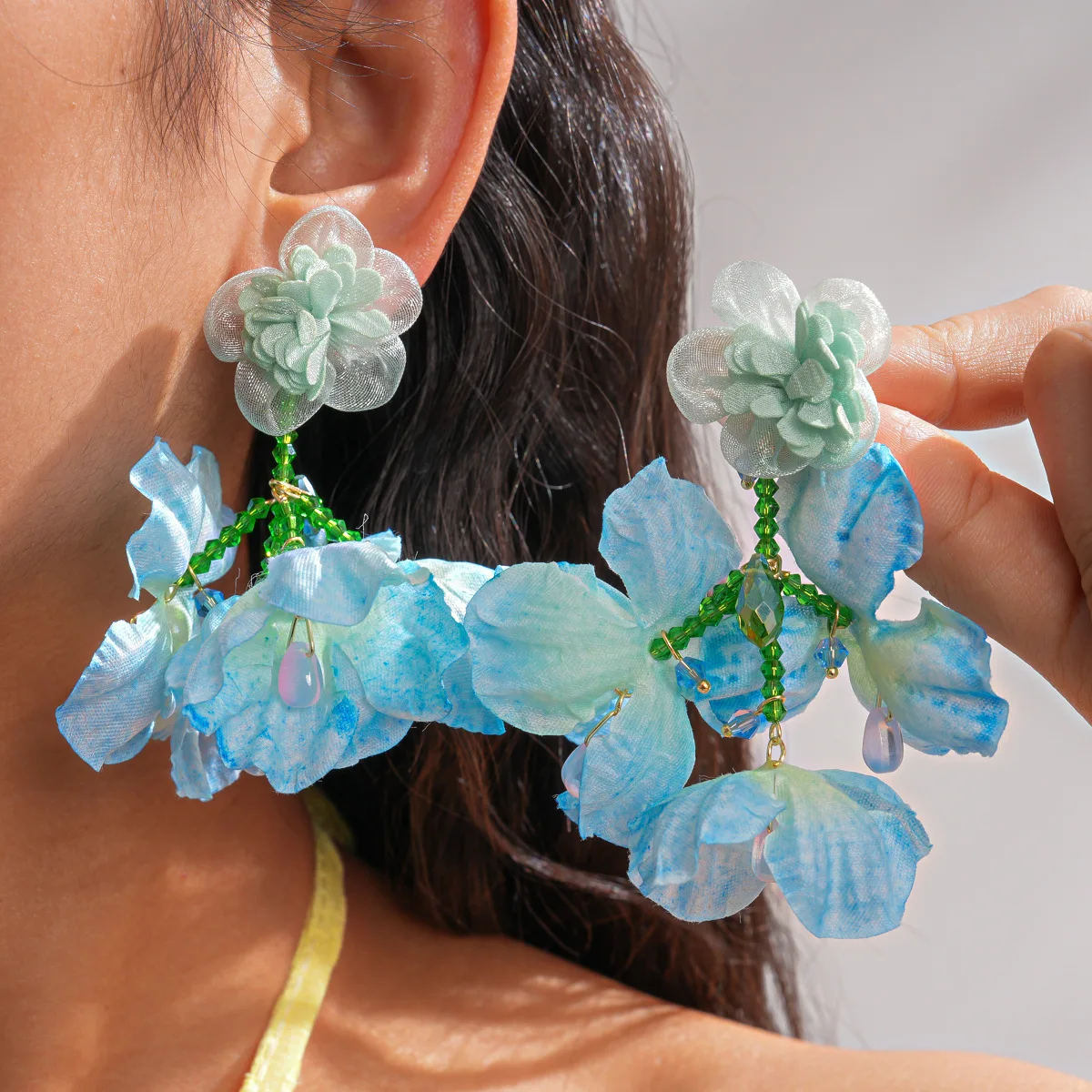 

Bohemian Blue Fabric Flower Dangle Earrings for Women Fairy Chiffon Glass Beads Tassel Earrings Vacation Party Holiday Jewelry