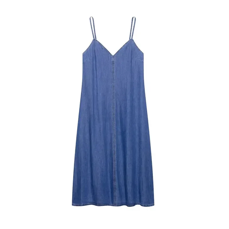 

Elegant Casual Retro Ladies Sling Dress Pure Blue V-Neck Backless Long Design Spring Summer Fashion Beach Holiday Wear