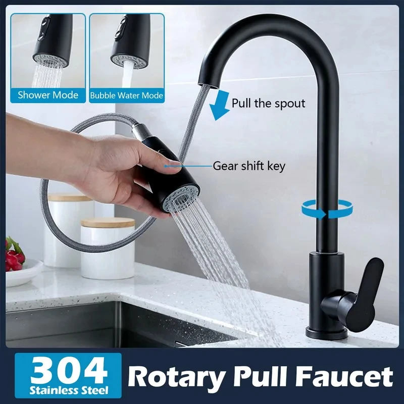 Kitchen Faucets Brushed Nickel Pull Out Kitchen Sink Water Tap Deck Mounted Mixer Stream Sprayer Head Hot Cold Taps Sliver