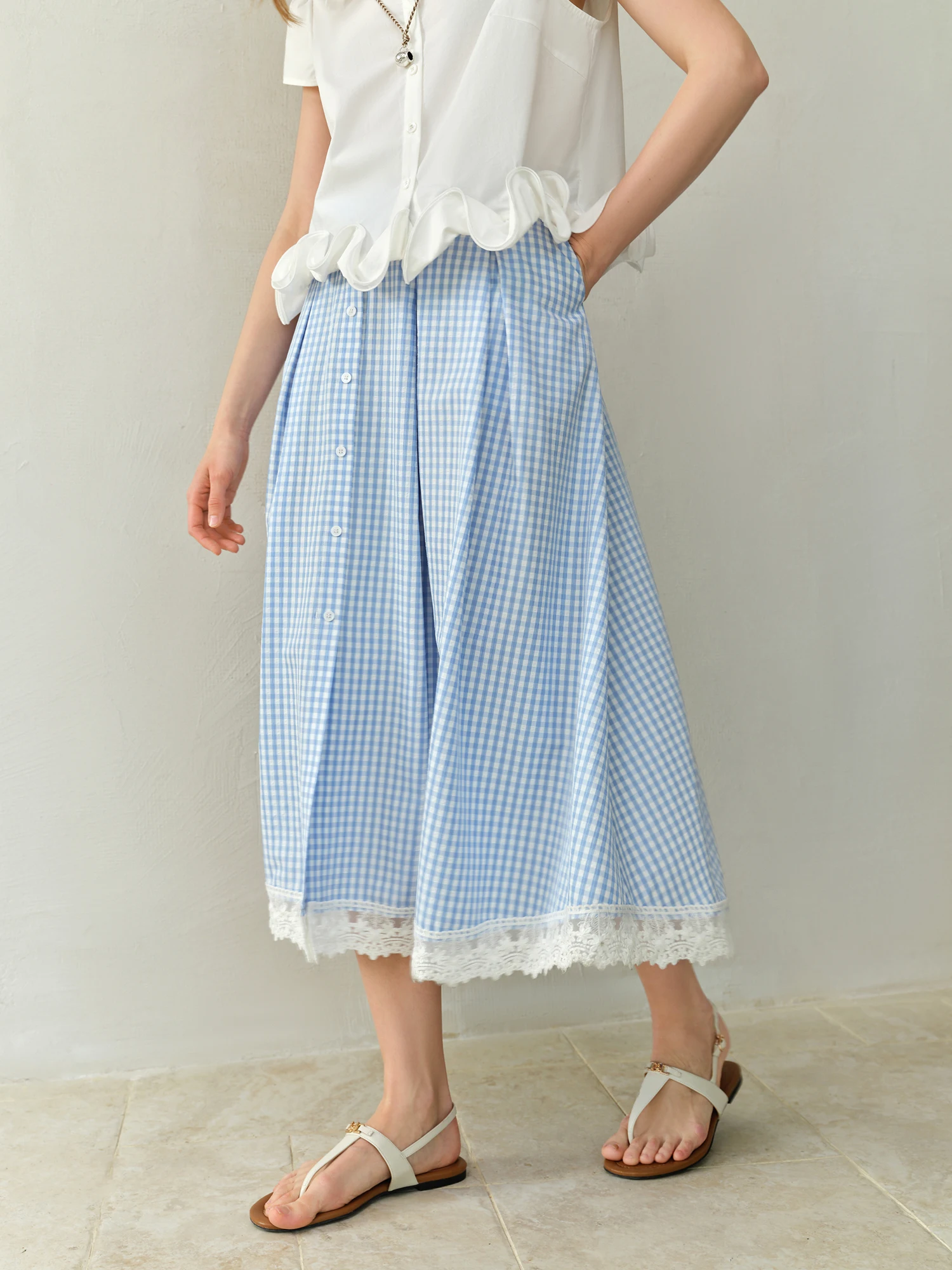 DUSHU Plus-size Blue and White Checkered Skirt - 2025 Summer New Arrival Chic Fashionable and Versatile for Women 25DS82445