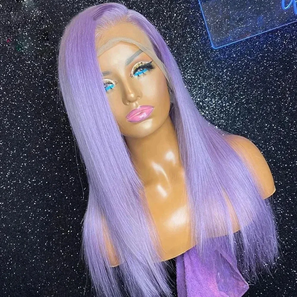 ラベンダーパープル色のストレートレースフロントウィッグ事前摘み取られた 13 × 4 HD 透明紫色のかつらレースフロント合成女性のための