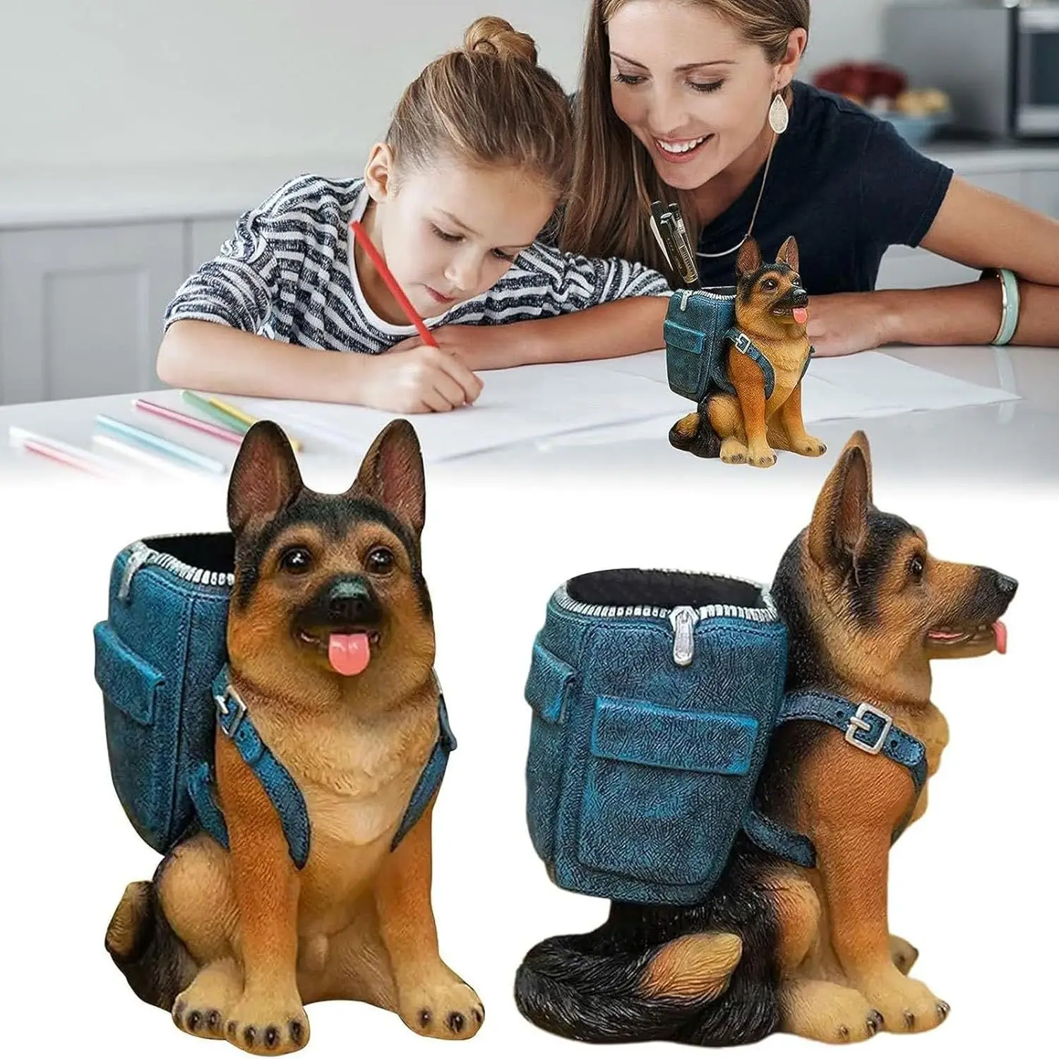 German Shepherd Pen Holder Dog Resin Crafts Home Study Desk Storage Ornament Decoration Holiday Party Gift