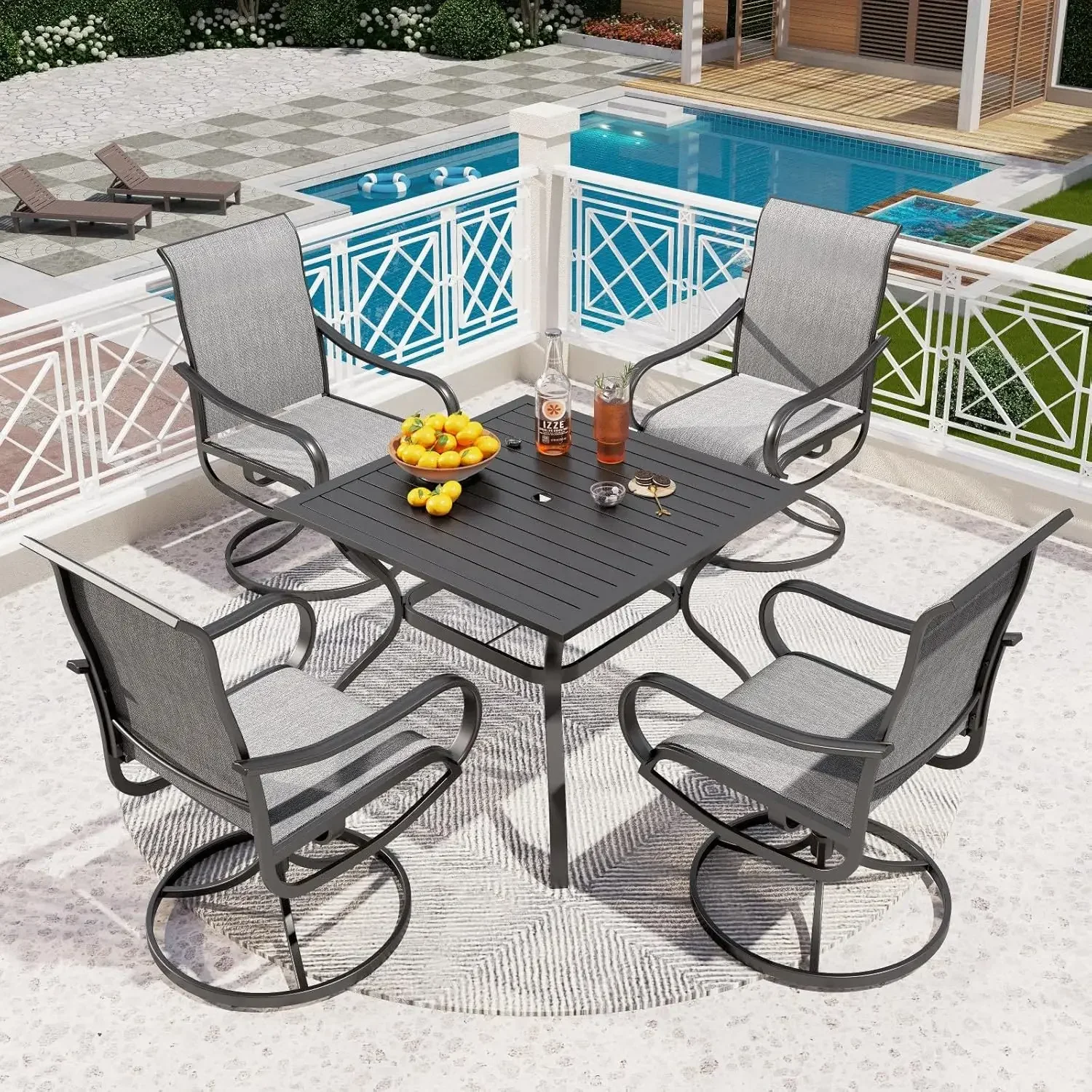 

Patio Dining Set 5 Piece, 4 Breathable Textilene Swivel Patio Chairs and 1 Round Metal Table with 1.57" Umbrella Hole