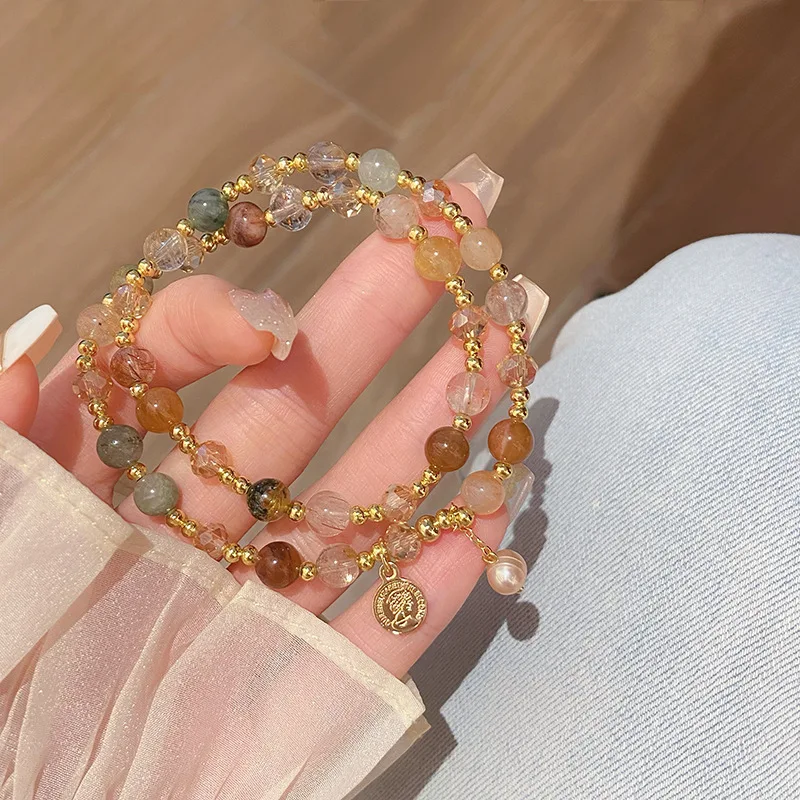 Sweet Princess Style Colorful Hair Crystal Double Ring Special-Interest Design Simple Bracelet Girlfriends Birthday Gif