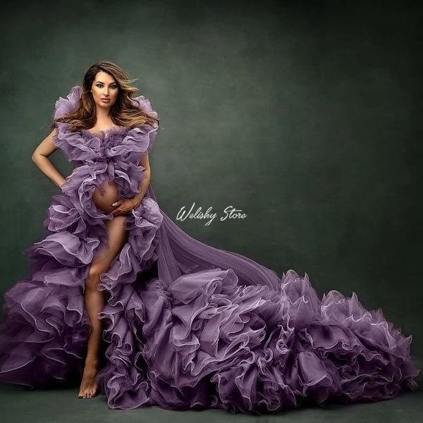 Gorgeous Lavender Ruffles Pleated Tulle Maternity Robes For Photo Shoot Front High Split Ruffled Tulle Pregnancy Women Dresses