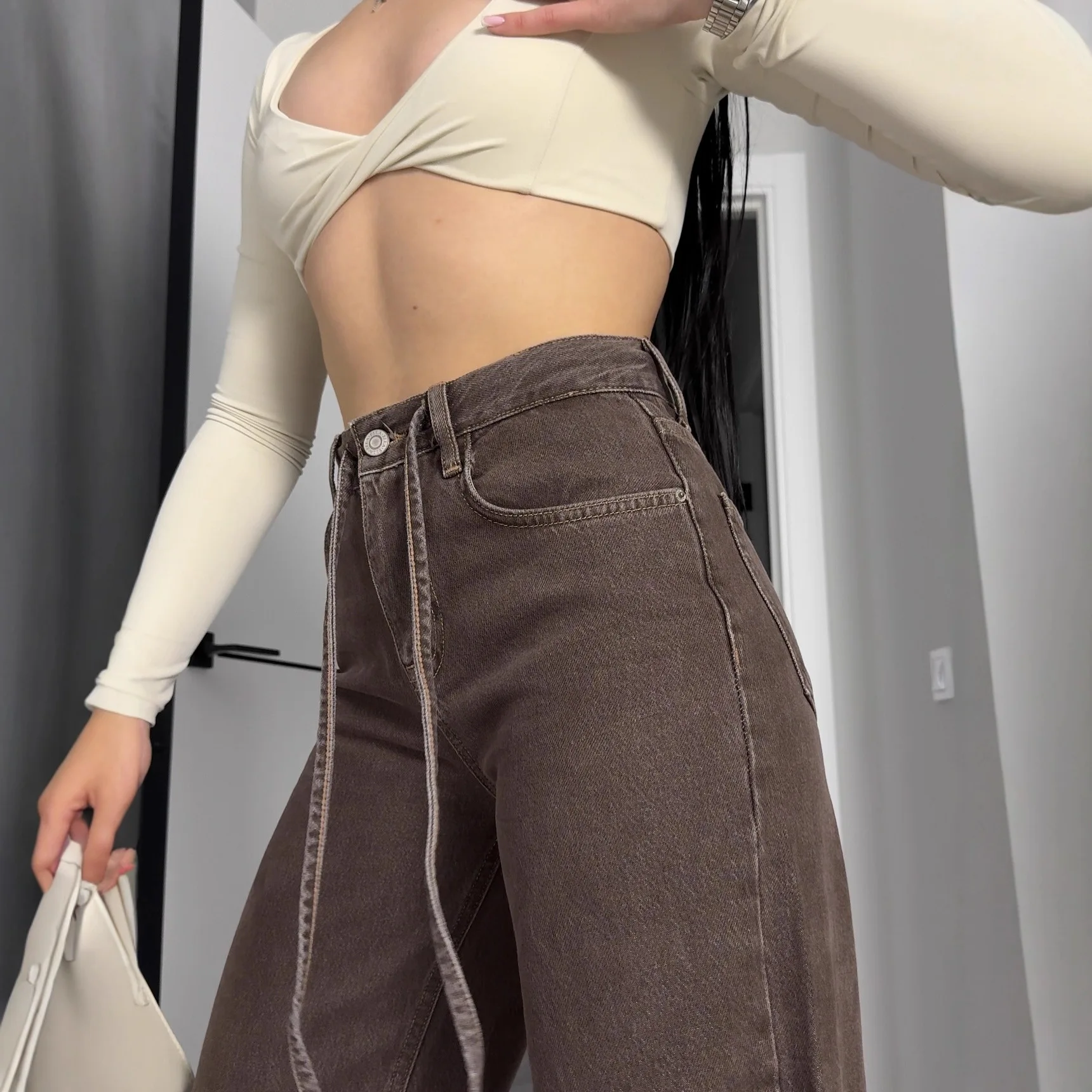 Women Jeans 2026 New Spring Autumn Women Coffee Wide Leg Jeans High Waist Slimming Loose Draped Straight Baggy Denim Pants