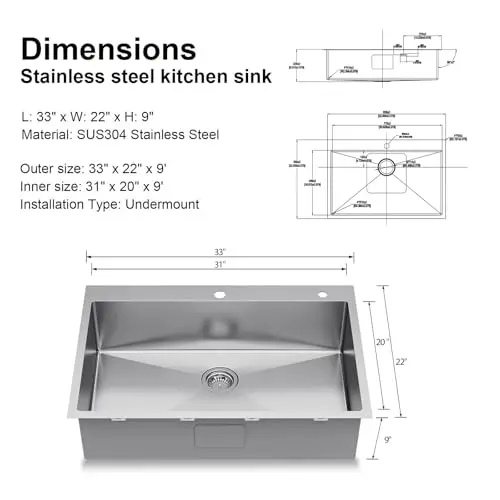 

33 Inch Undermount 18 Gauge Single Basin SUS304 Stainless Steel Kitchen Sink With Installation Accessories