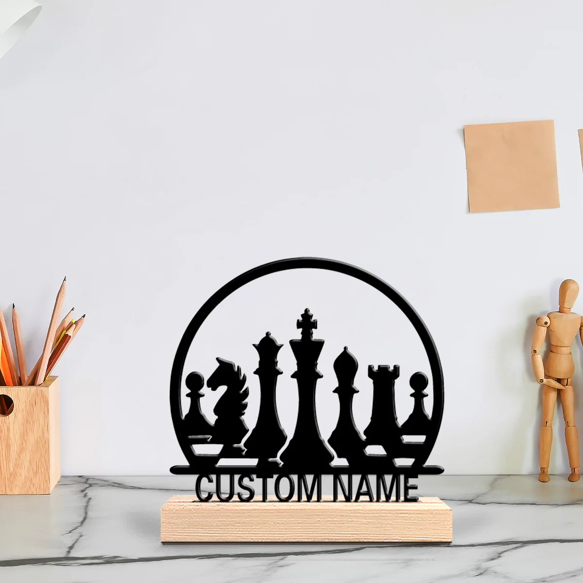 1pc Fashion Personalized Custom Chess Metal Statues Metal Art With Wooden Base Suitable For Office, Bedroom, Desktop Decoration,