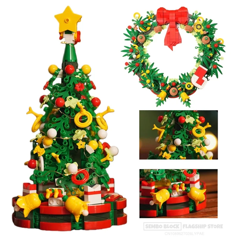 크리스마스 트리 빌딩 블록 카와이 홀리데이 리스 장난감 소장 모델 데스크탑 장식 어린이 선물