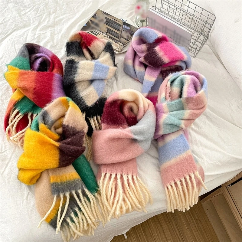 Autumn Winter Warm Colorful Striped Children's Scarf Korean Fashion Girls Boys Long Tassel Scarf for 3-12 Years Kids Neckerchief