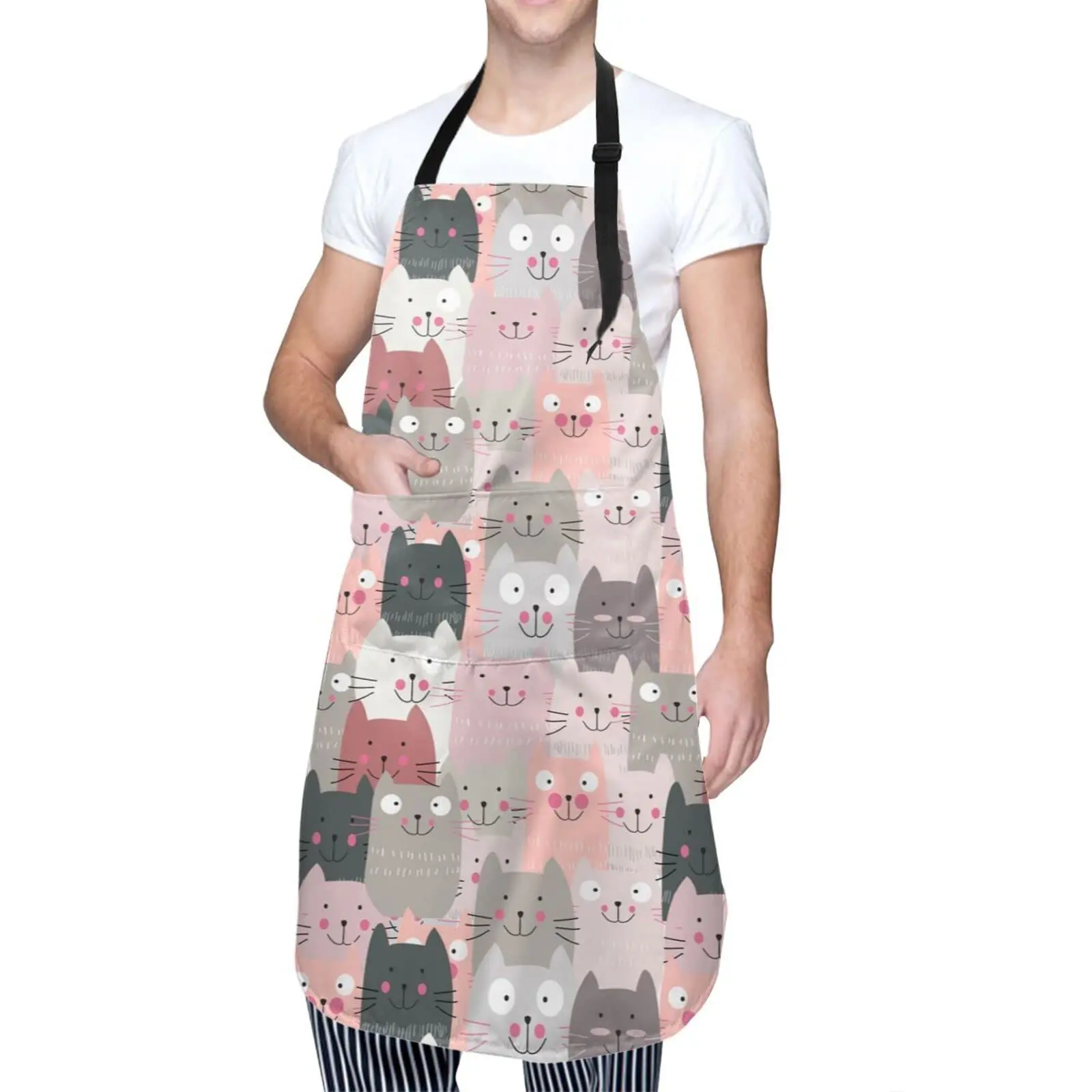 

Funny Pink Cute Cats Waterproof Apron Cooking Kitchen Apron Unisex Adjustable Apron