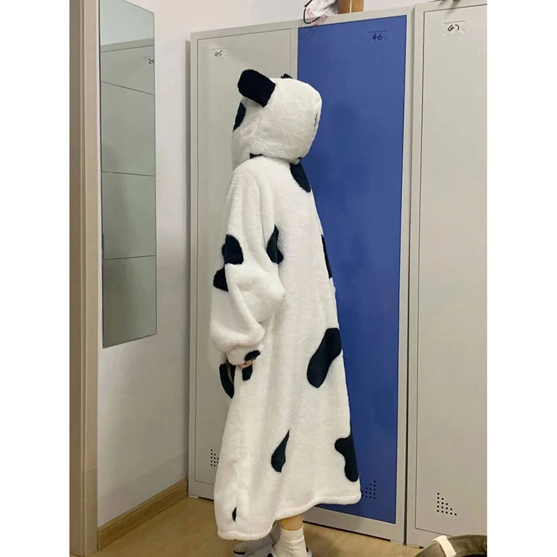 Cow Print Robe Women Sleepwear Hooded Nightdress Winter Fleece Pajama Night Wears Warm One Piece Nightgown Long Sleeve Homewear