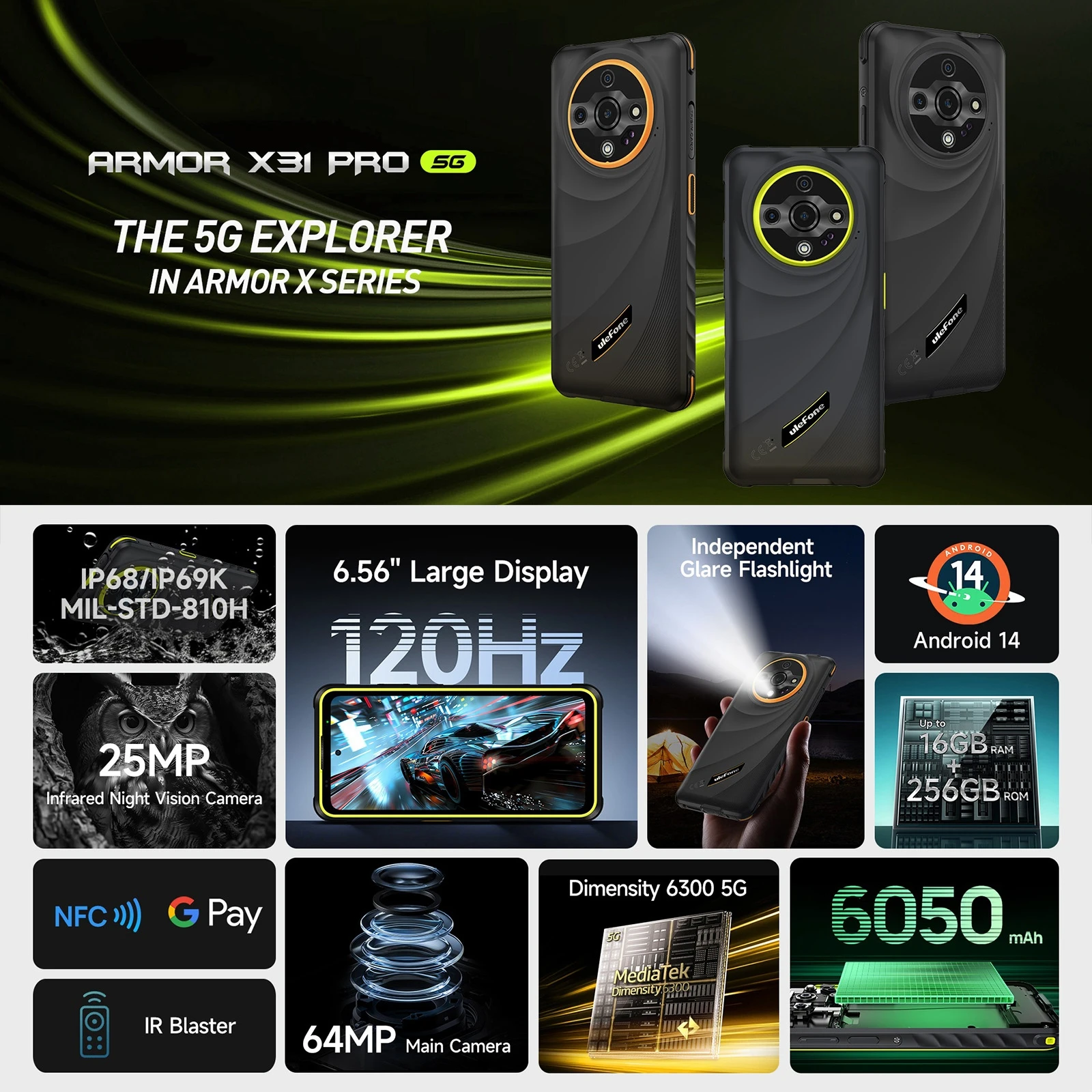 Ulefone Armor X31 Pro 5G Rugged Smartphone 6.56” 120Hz 8GB 256GB Night Camera 64MP 6050mAh Battery Android 14 NFC