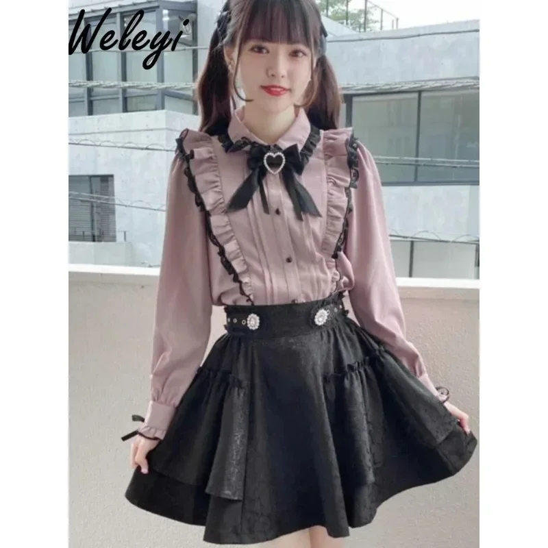 Classic Women's Lolita Style Skirt 2024 Spring and Autumn New Jirai Kei Sweet Beaded Jacquard High Waist Short Skirts for Women