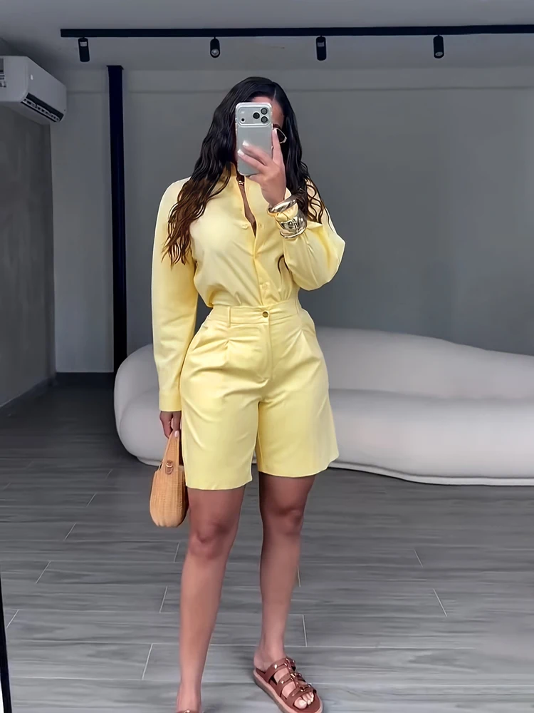 Schickes 2-teiliges Set für Damen: Einfarbiges Langarm-Hemd mit Knöpfen und hochtaillierte plissierte Bermuda-Shorts, Büro-Outfit für Damen. – Detail 9