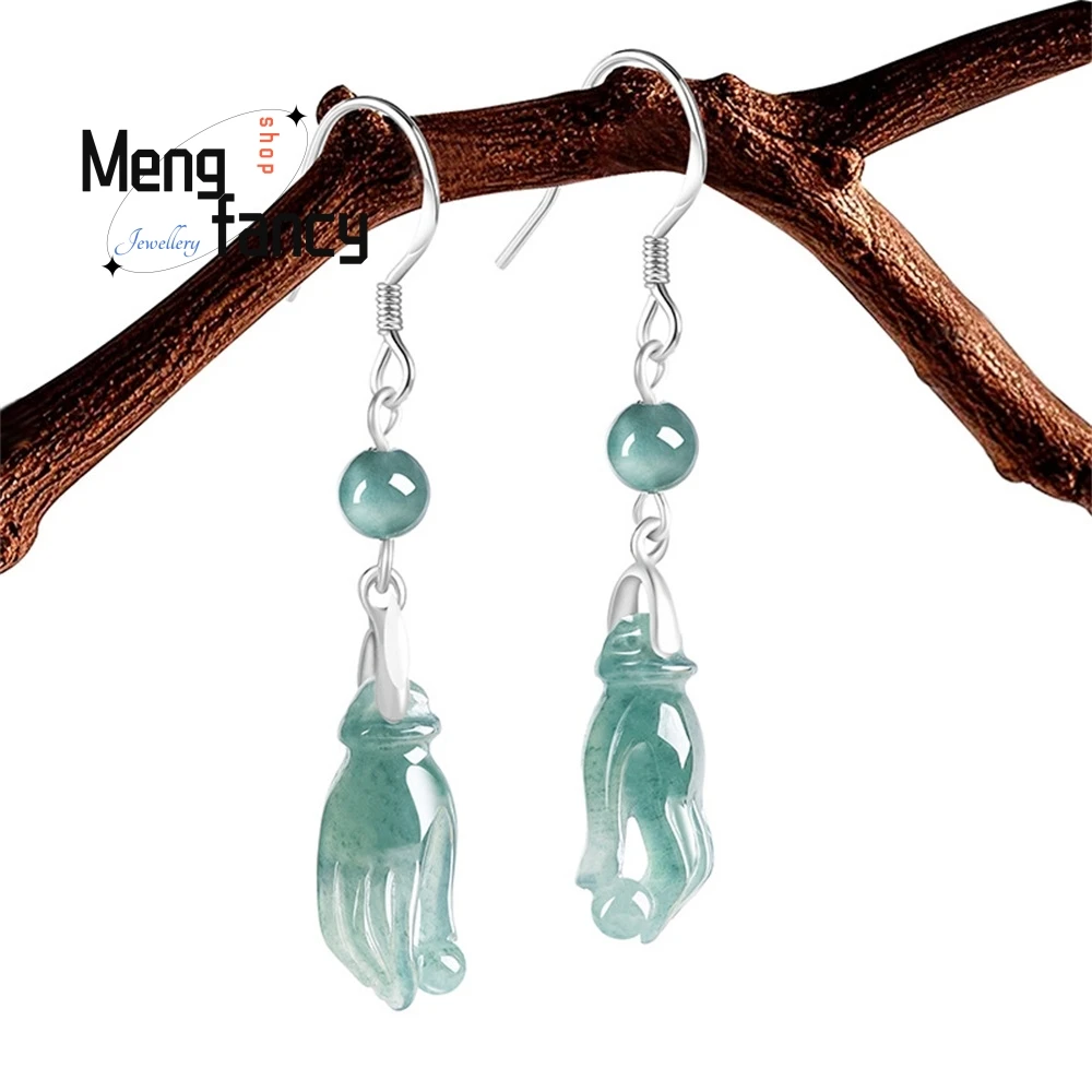 

Natural Jade A Goods Blue Water Guanyin Hand Pearl Earrings S925 Silver Ice Kind Of Jade Women's Earrings Fine Jewelry