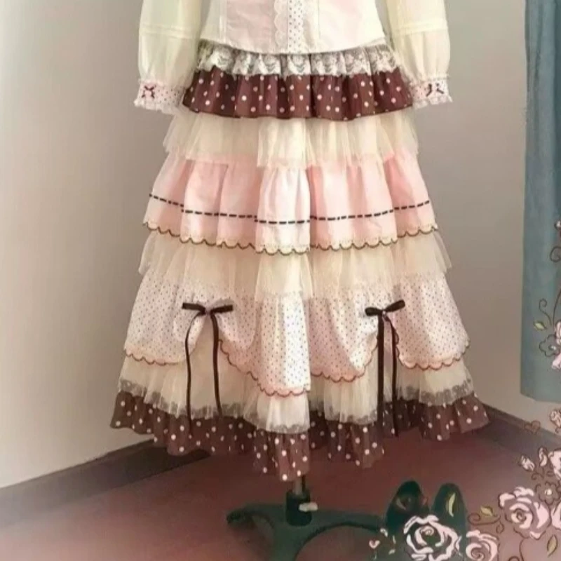 Japanischer Kawaii A-Linien-Rock für Damen, Vintage-Stil, japanischer Stil, rosa, braun, gepunktet, Kuchen-Design-Rock, Freizeitkleidung, Sommer