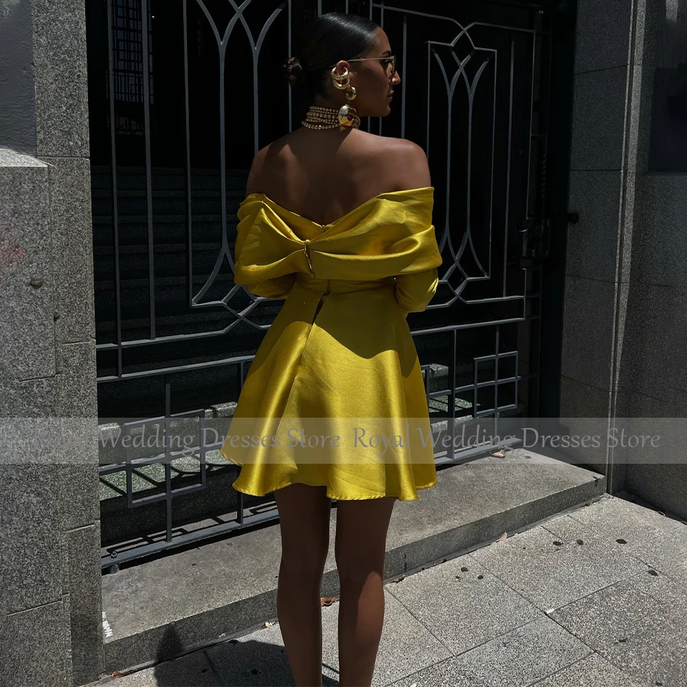 Gold Satin Cocktail Dress Off the Shoulder Long Sleeves Mini  Gowns for Women Side High Slit Sexy Evening Party Dresses