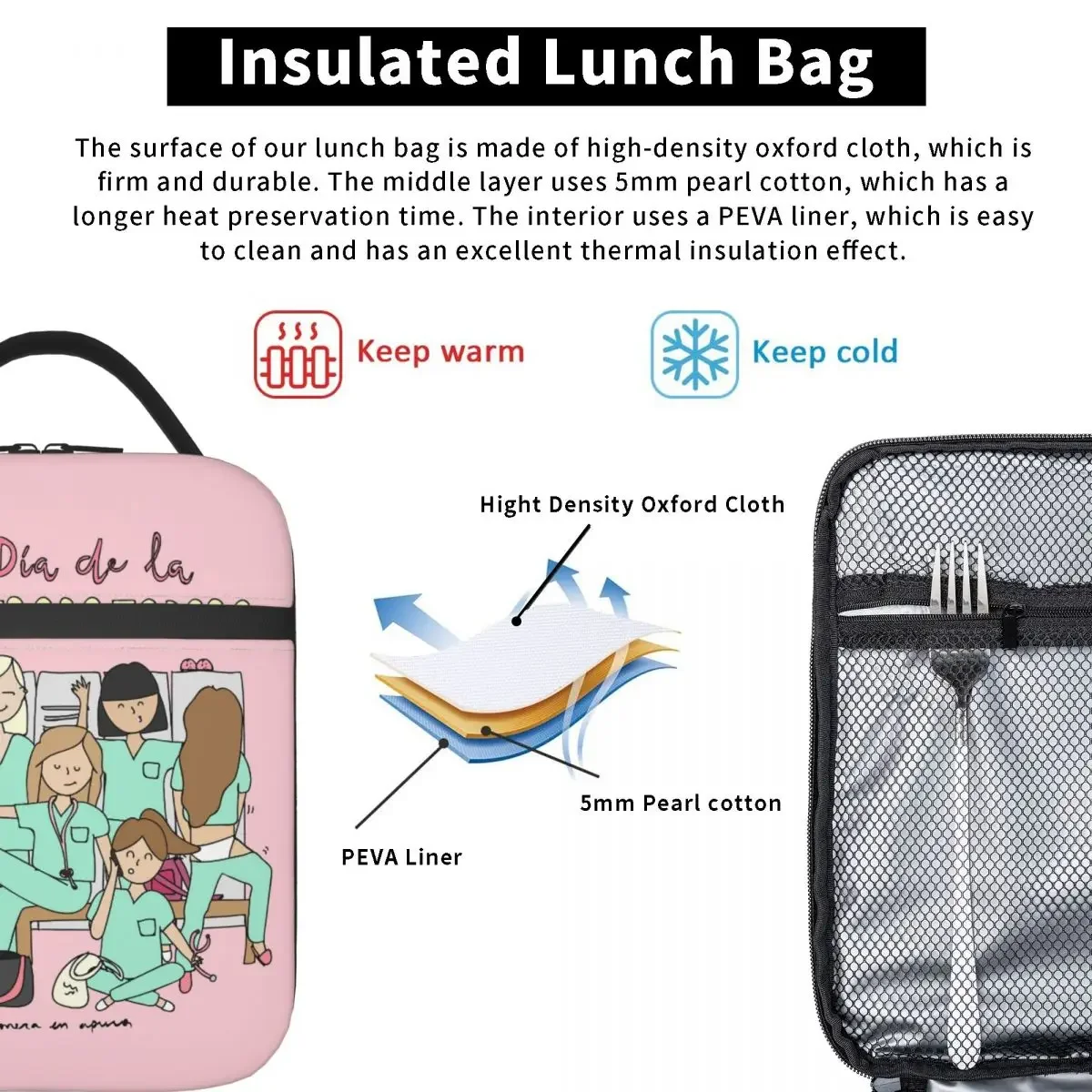 Sac à lunch isotherme imprimé dessin animé pour femmes et enfants, boîte isotherme réutilisable, infirmière, médecin, pique-nique en plein air,