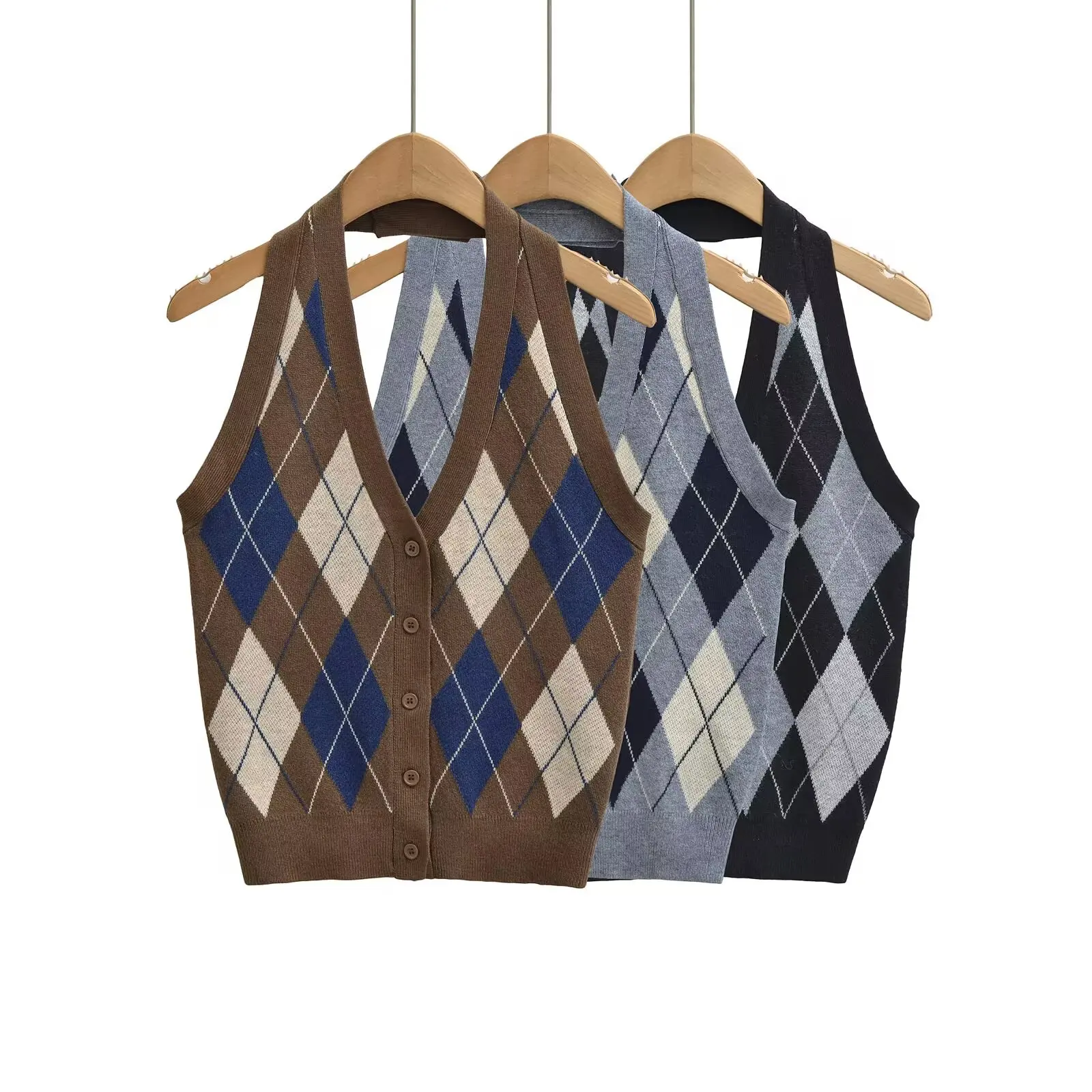 Spring Summer CHIC Halter V Neck Geometric Plaid Knitting Sleeveless Sweater Waistcoat Women Open Button Vest Tanks Coffee Gray