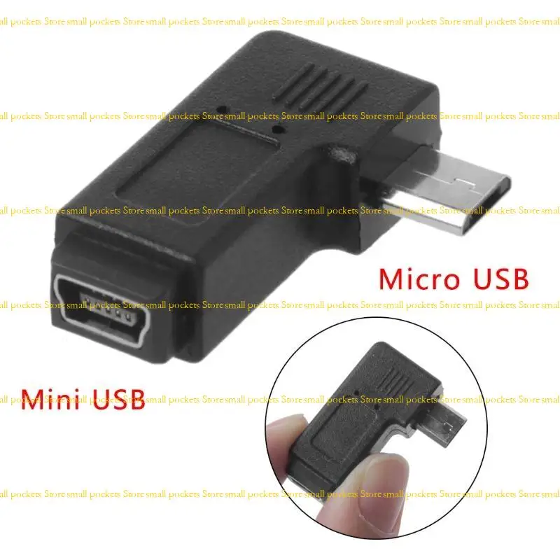 R1WD Adaptador sincronización datos Mini USB 5 pines a Micro USB macho en ángulo izquierdo y derecho