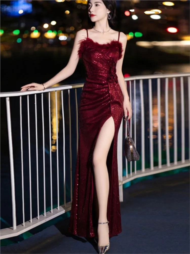 Banquet host Temperament Fishtail sequin birthday halter dress