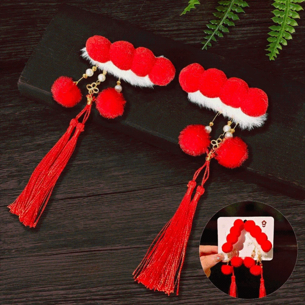 

1 Pair Chinese Style Hanfu Red Hair Clips Pearl Butterfly New Year Headwear Ancient Flower Bow Tassel Hairpin New Year Gifts