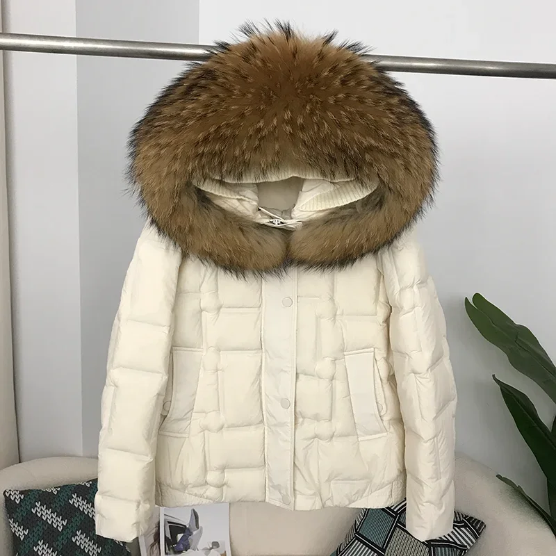 FURYOURSELF-Chaqueta de plumón de pato para mujer, abrigo grueso y cálido con cuello de piel de zorro y mapache 2023 Natural, color blanco, para