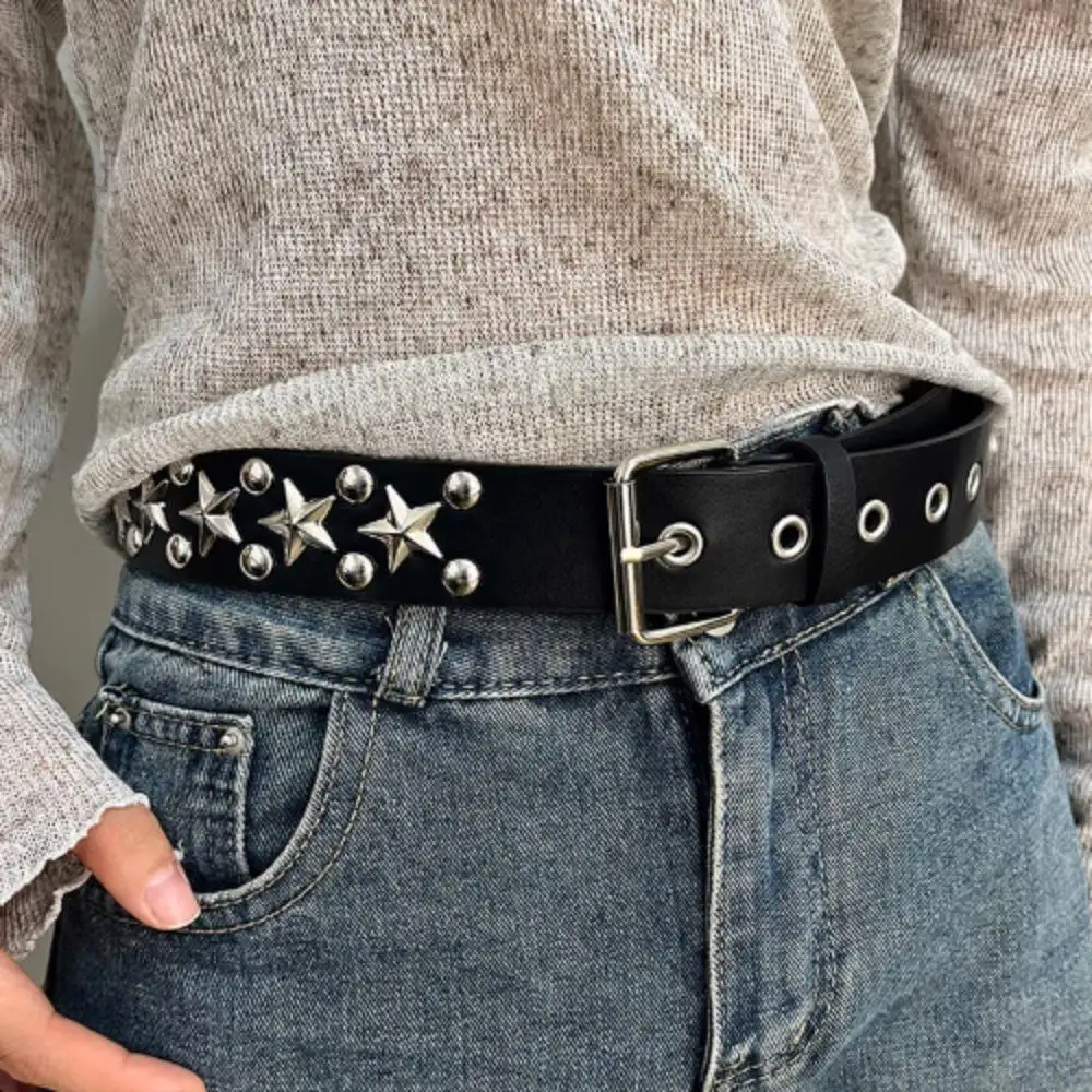 

Silver Star Rivet Belt Leather Studded Waist Belt Punk Style Decorative Waistband Hip Hop Street Black Belt Y2K Women Waistbands