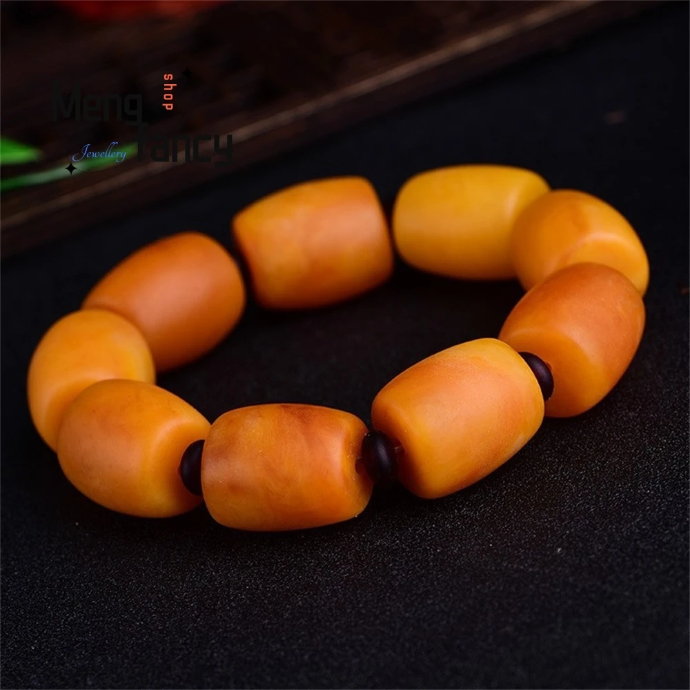 

Original Stone Old Amber Bracelets For Men And Women, Chicken Oil Yellow Frosted Amber Barrel Bead Bracelets Exquisite Elegant