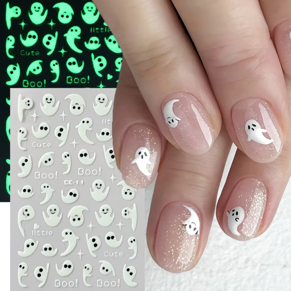 5 Stück Halloween Glow-in-the-Dark Geister-Nagelkunst-Aufkleber Niedliche Leuchtende Nagelsticker Selbstklebende Aufkleber Maniküre-Zubehör