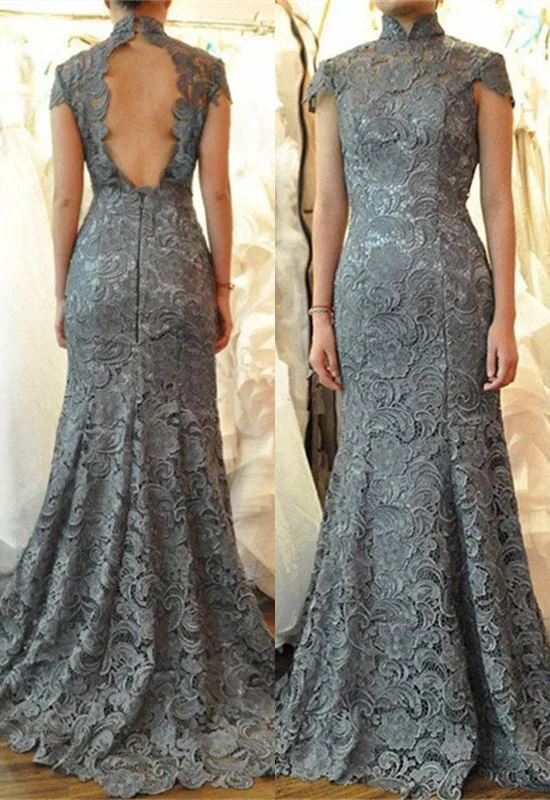 

Elegant High Neck Lace Mermaid Mother Of Bride Dresses Cap Sleeve Sexy Open Back Gray Wedding Party Gowns For Women Customized